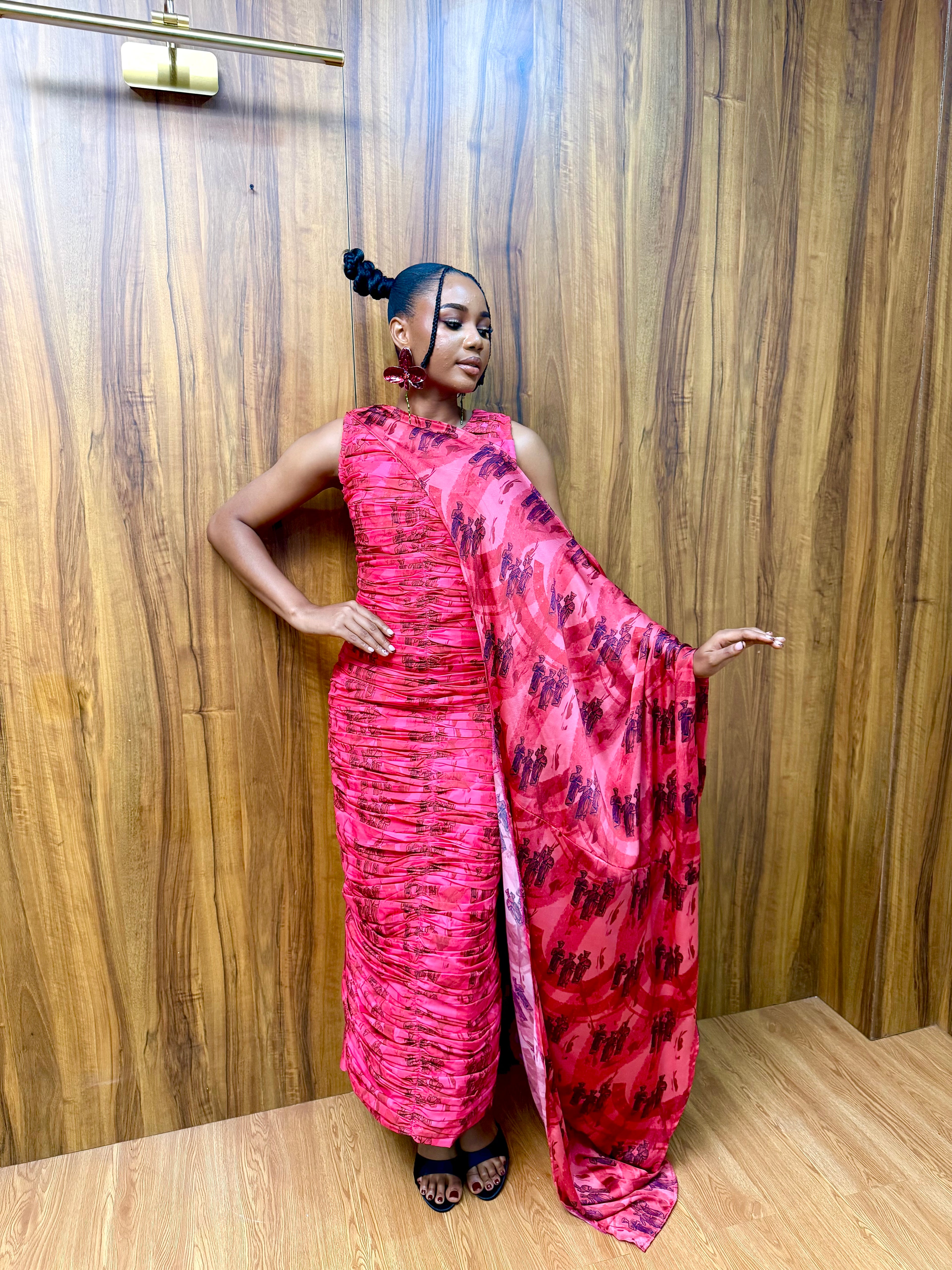 Pleated Fitted Dress with Cape