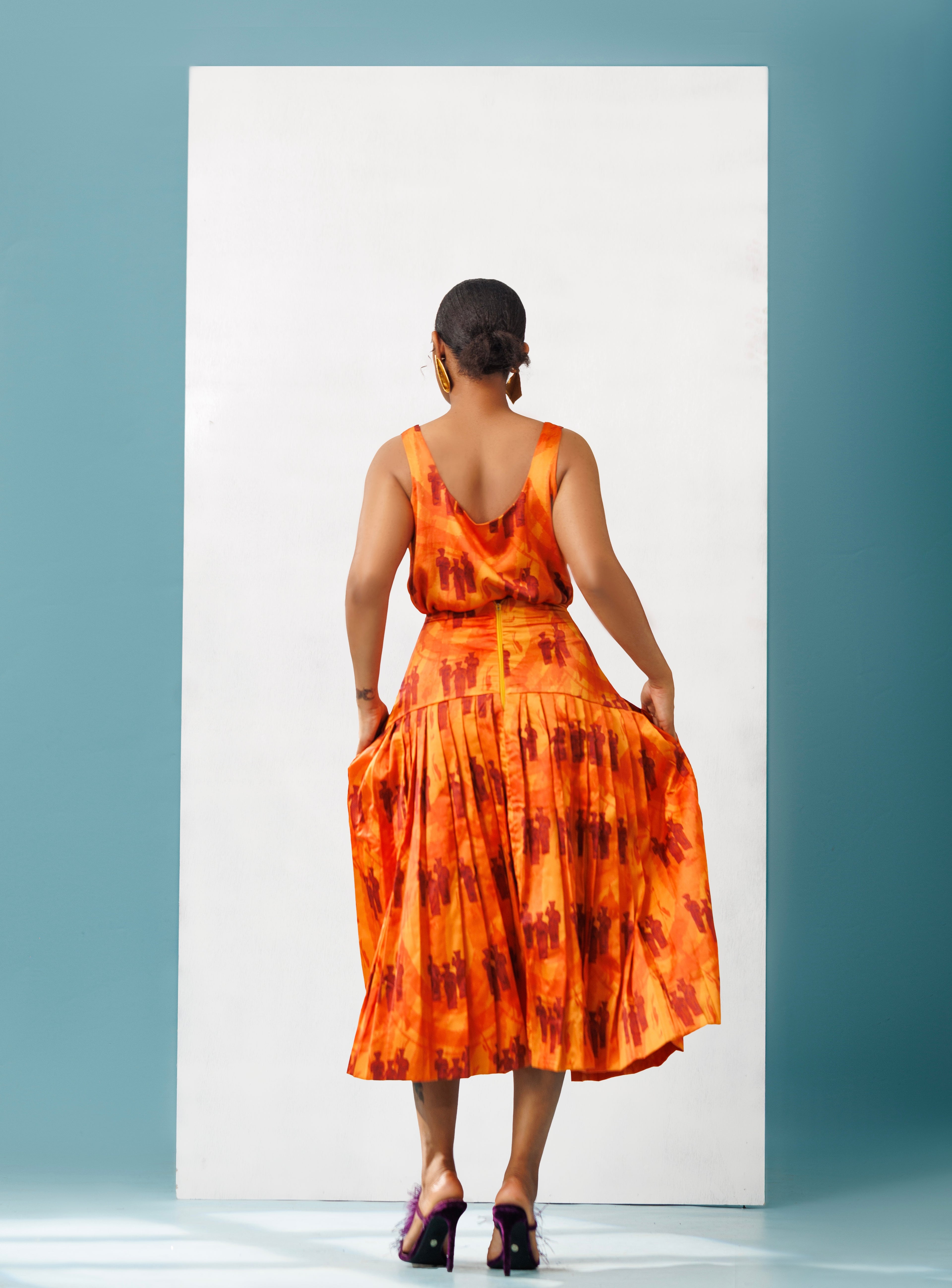 Pleated Midi Silk Skirt