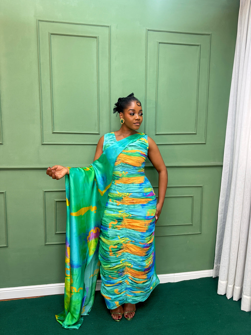 Pleated Fitted Dress with Cape