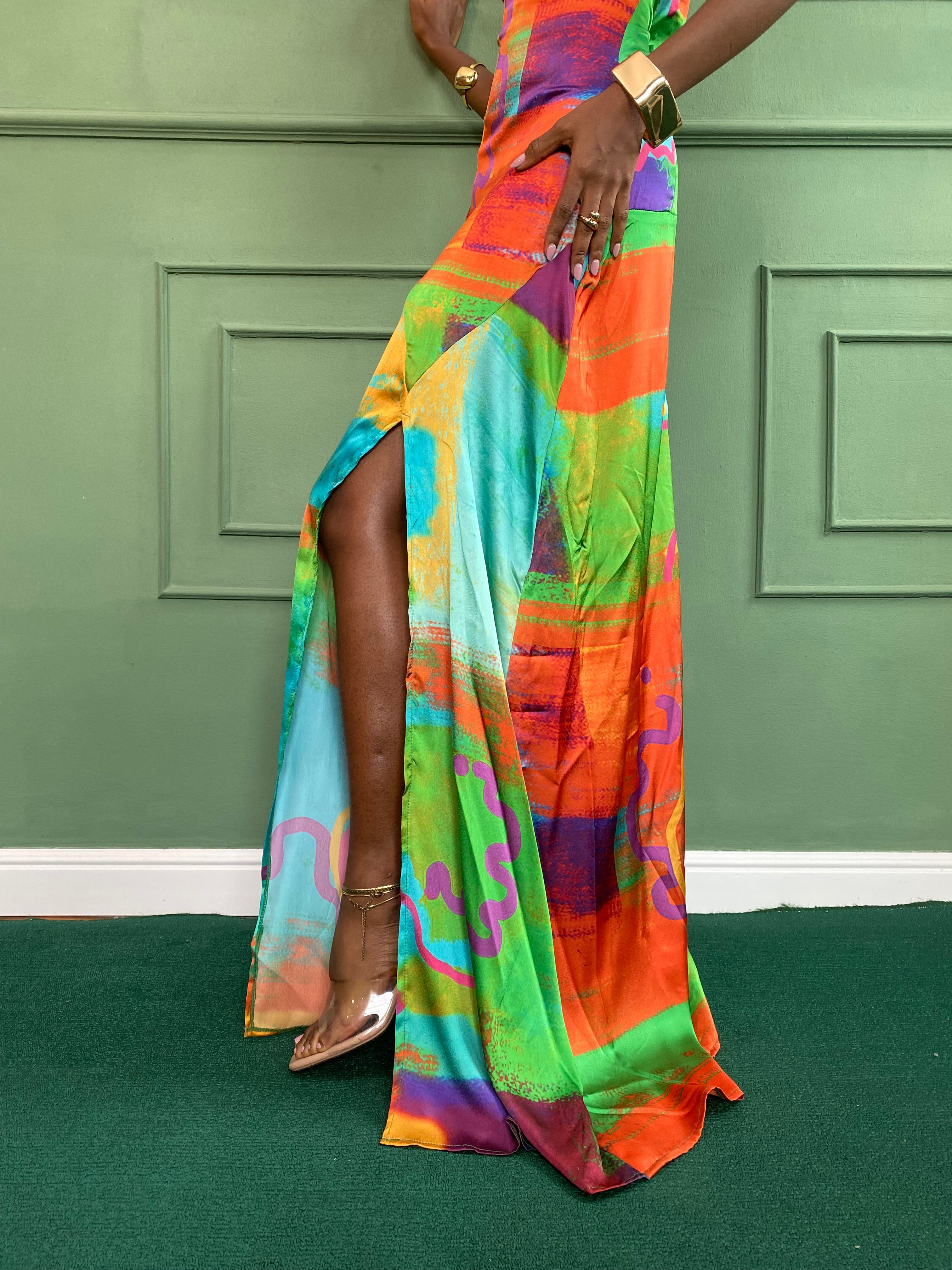 Silk Printed Off Shoulder Dress