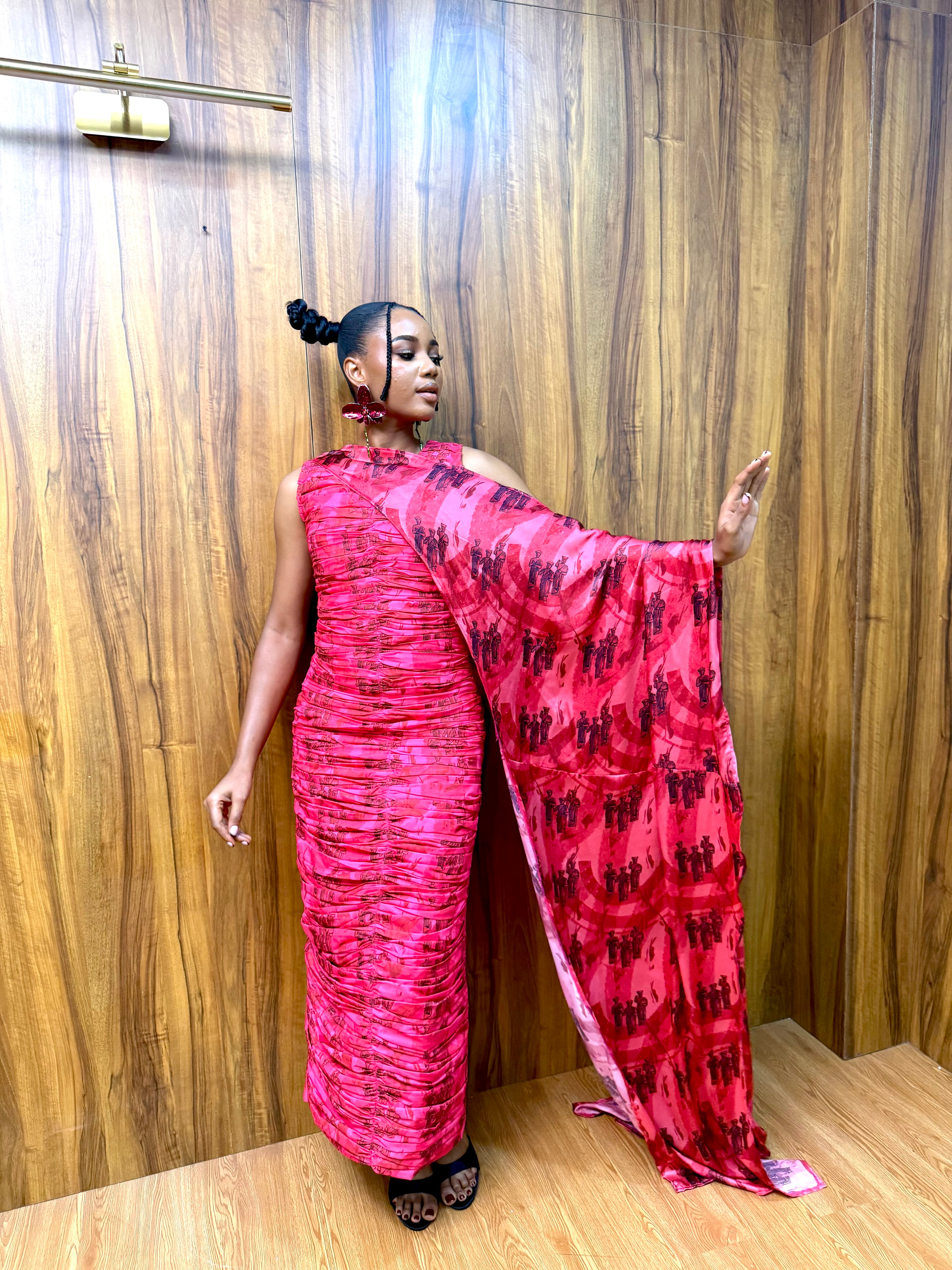 Pleated Fitted Dress with Cape