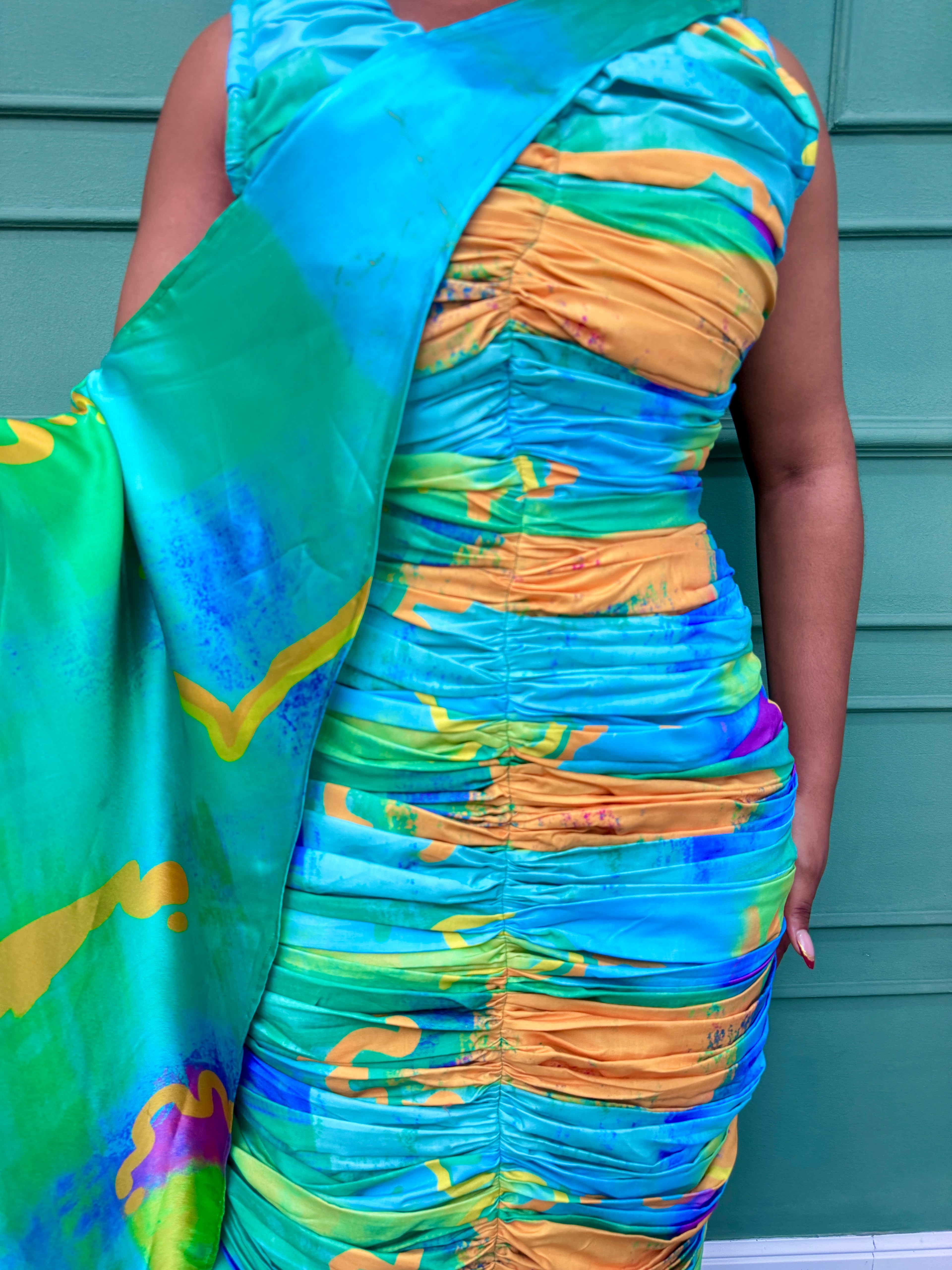 Pleated Fitted Dress with Cape
