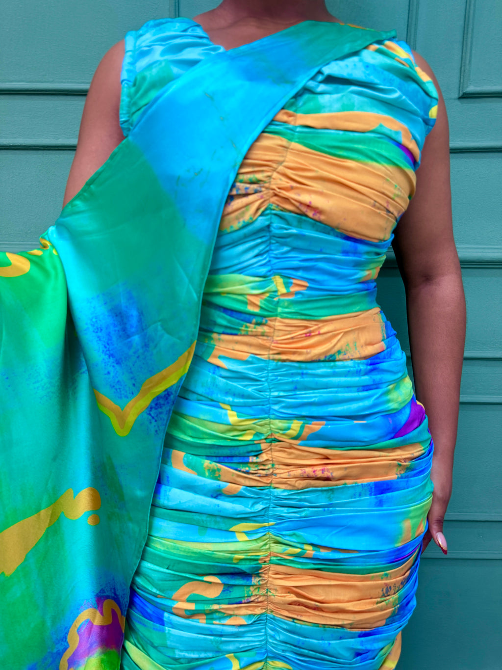 Pleated Fitted Dress with Cape