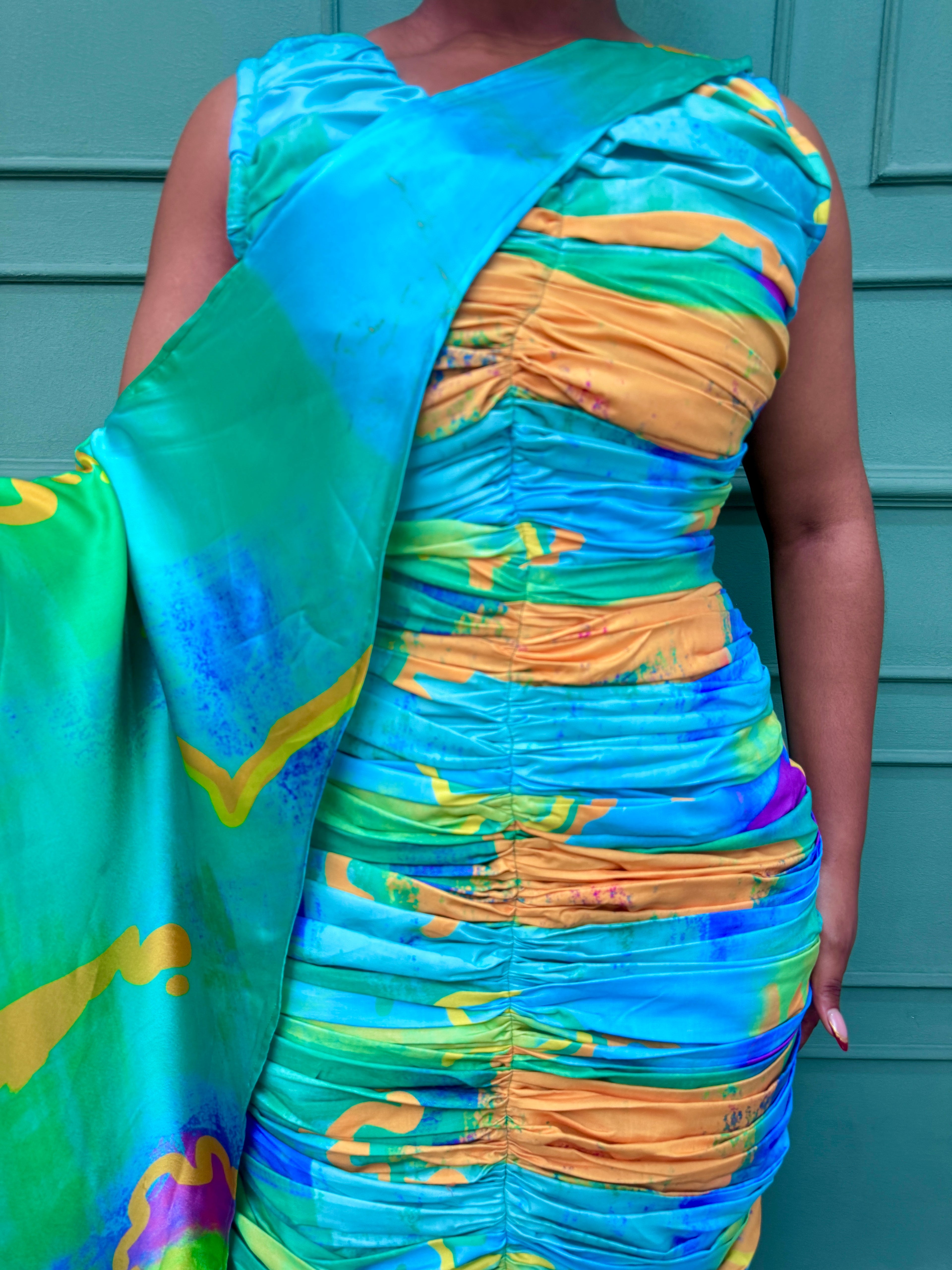 Pleated Fitted Dress with Cape
