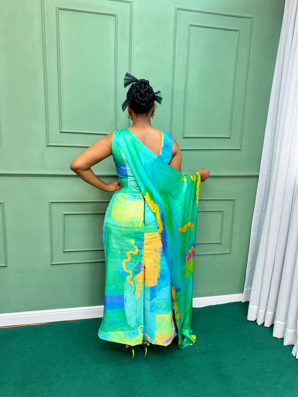 Pleated Fitted Dress with Cape