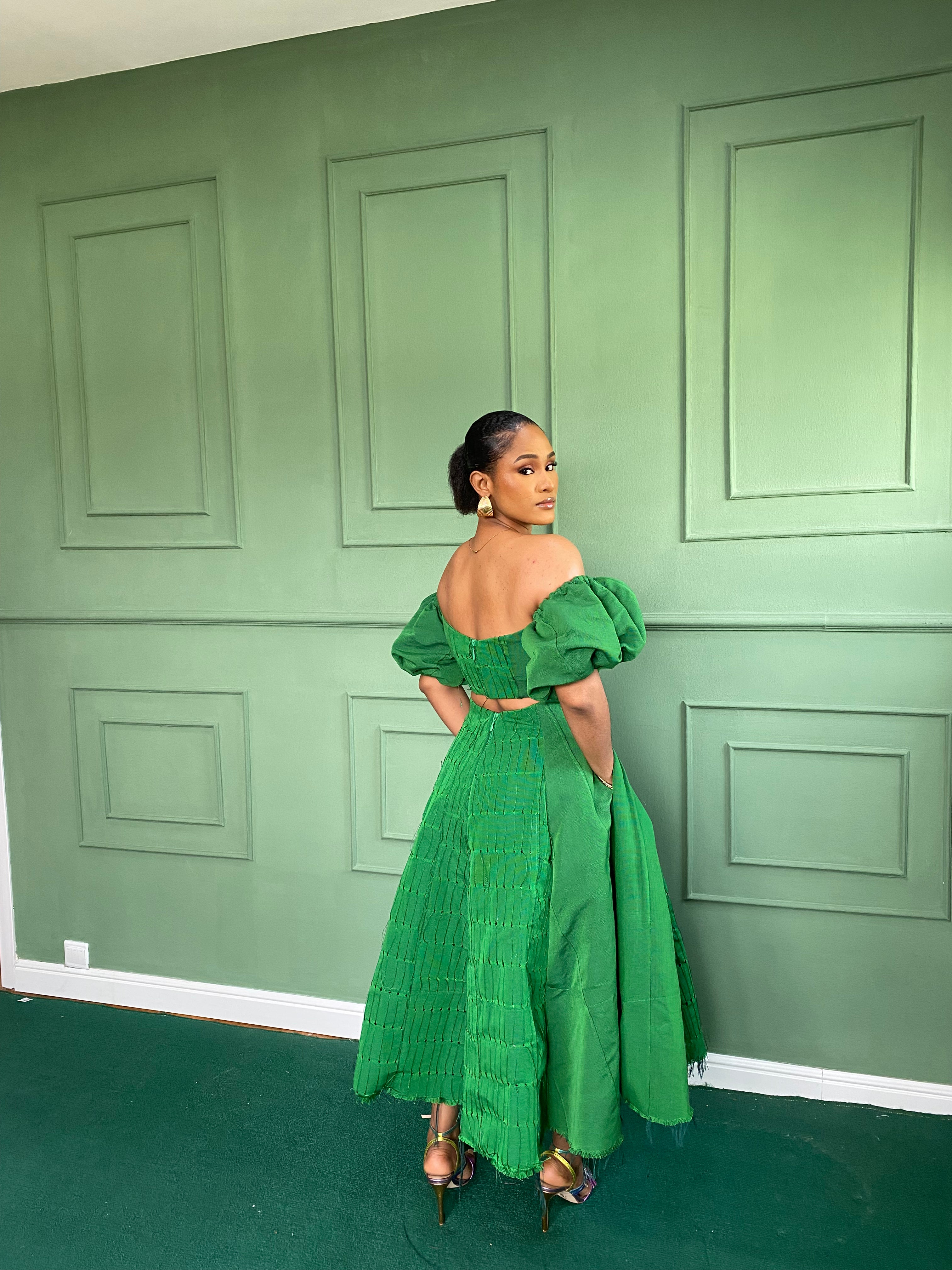 Green Aso Oke Dress ( Midi )