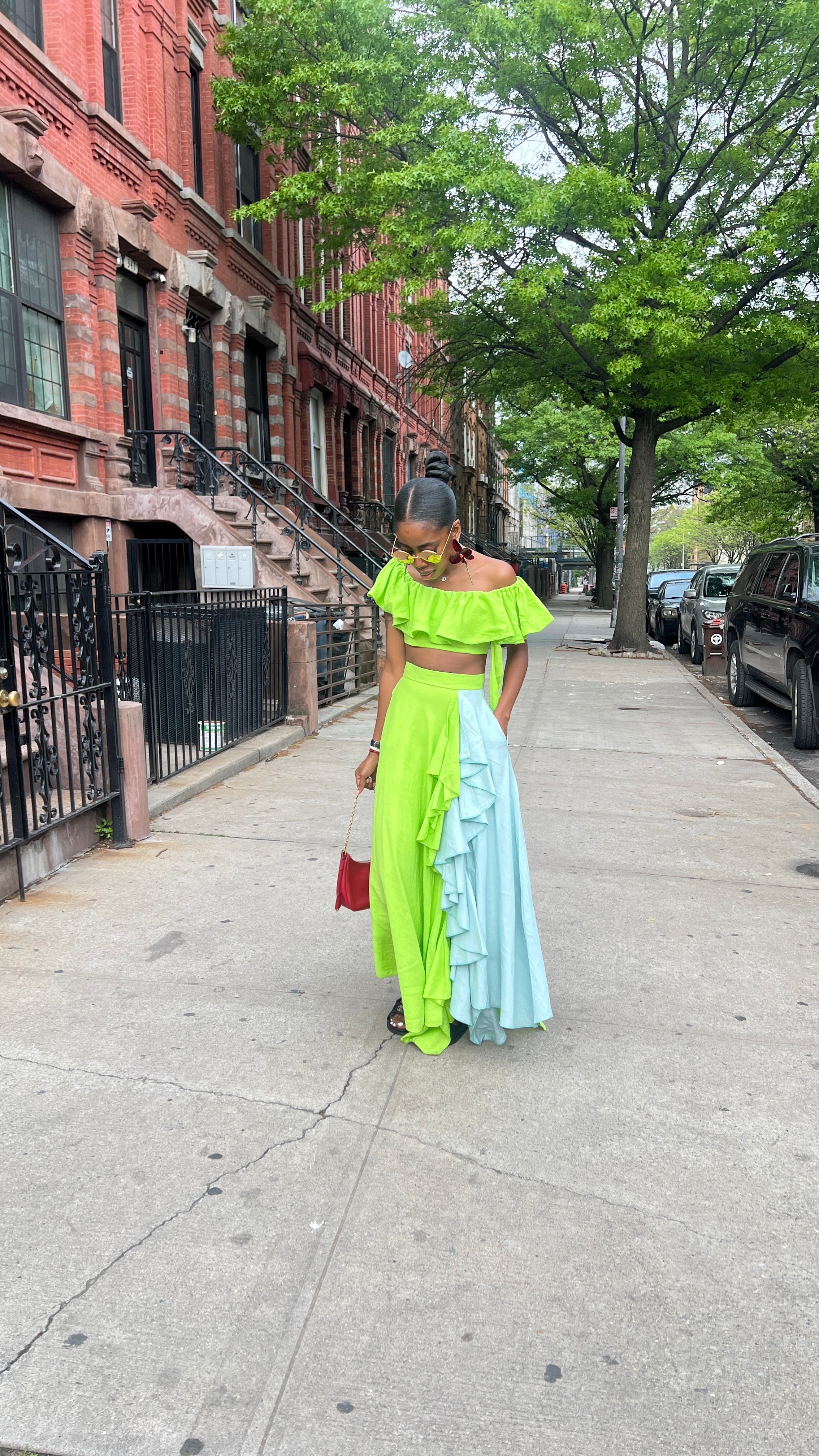 Bright lemon / mint ruffled skirt set