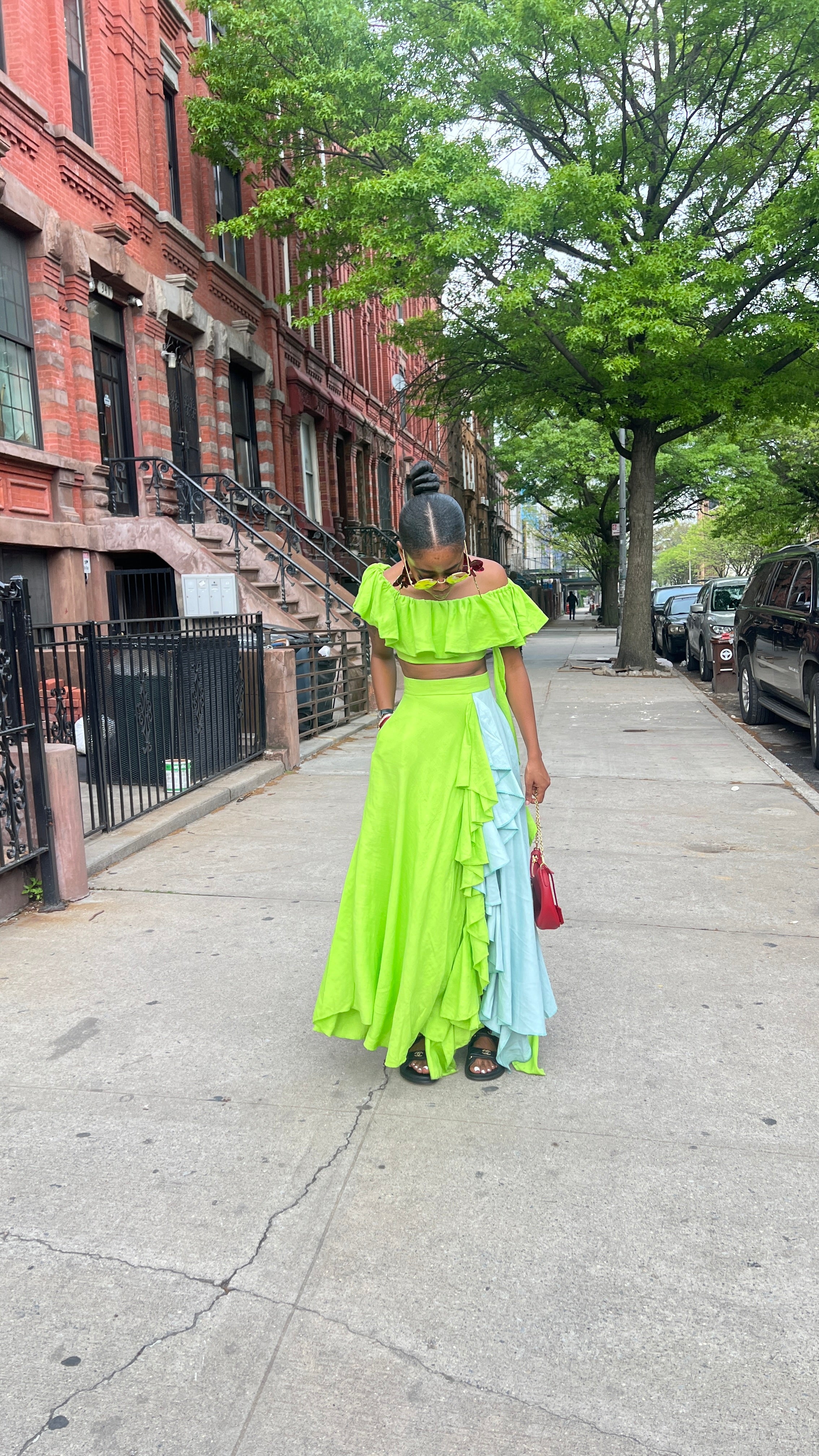 Bright lemon / mint ruffled skirt set